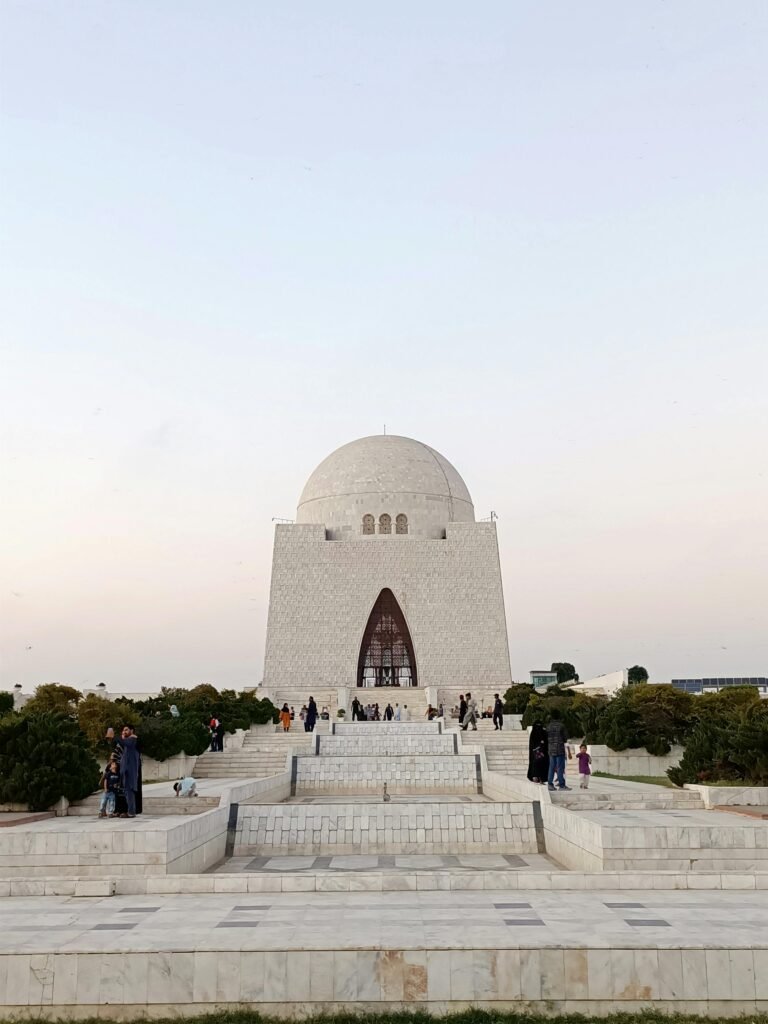 Panoramic view of Mazar-e-Quaid mausoleum in Karachi, a prominent landmark honoring Quaid-e-Azam.