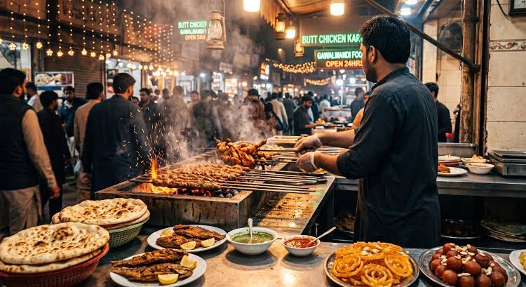 Gawalmandi Food Street Lahore at night Traditional Pakistani dishes served at Burns Road Karachi Chapli kebabs cooking at Namak Mandi Peshawar Food vendors and restaurants in Multan Food Street Saidpur Village dining area near Margalla Hills