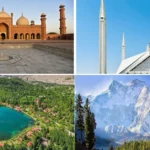 Hunza Valley with Karakoram mountain peaks in northern Pakistan. Upper Kachura Lake surrounded by mountains in Skardu, Gilgit-Baltistan. Lake Saif-ul-Malook with mountain reflections near Naran, Pakistan. Faisal Mosque beneath the Margalla Hills in Islamabad. Badshahi Mosque and historic Mughal architecture in Lahore.