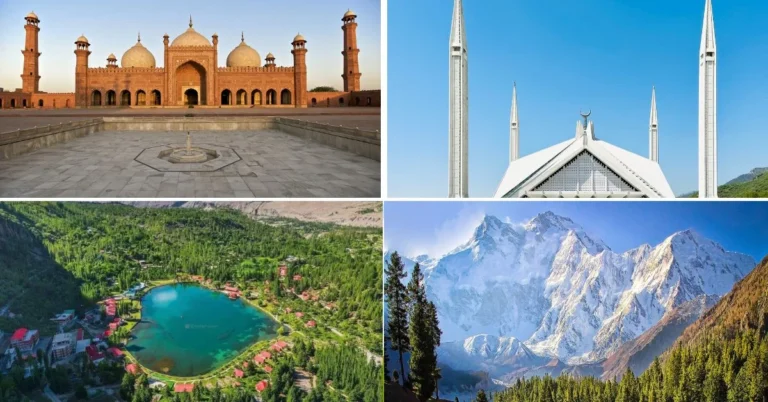 Hunza Valley with Karakoram mountain peaks in northern Pakistan. Upper Kachura Lake surrounded by mountains in Skardu, Gilgit-Baltistan. Lake Saif-ul-Malook with mountain reflections near Naran, Pakistan. Faisal Mosque beneath the Margalla Hills in Islamabad. Badshahi Mosque and historic Mughal architecture in Lahore.