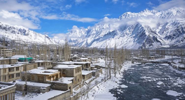 Snow-covered landscape of Skardu in Winter Frozen Upper Kachura Lake during winter season Skardu snowfall covering mountains and valleys
