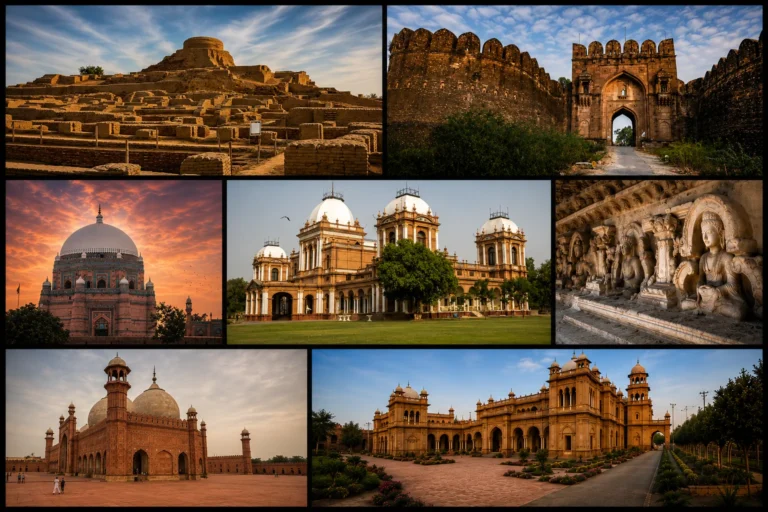 Ancient ruins of Mohenjo-daro UNESCO World Heritage Site in Pakistan Historic Lahore Fort showcasing Mughal architecture Beautiful Shalimar Gardens in Lahore Pakistan